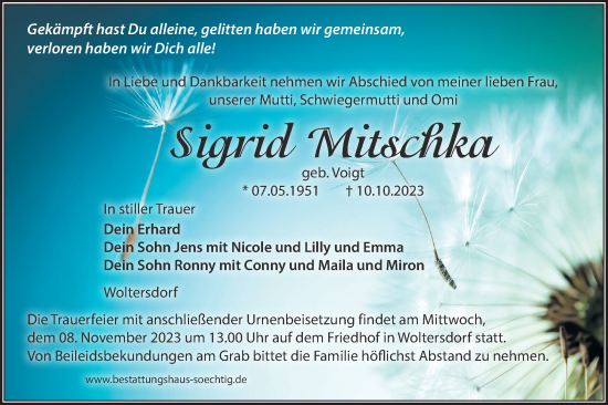 Traueranzeige von Sigrid Mitschka von Märkische Oderzeitung