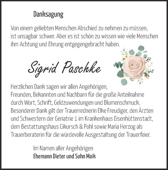 Traueranzeige von Sigrid Paschke von Märkische Oderzeitung