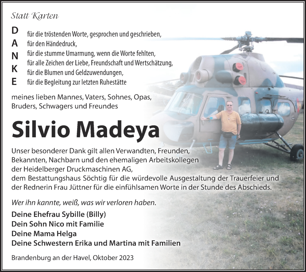  Traueranzeige für Silvio Madeya vom 28.10.2023 aus Märkische Oderzeitung