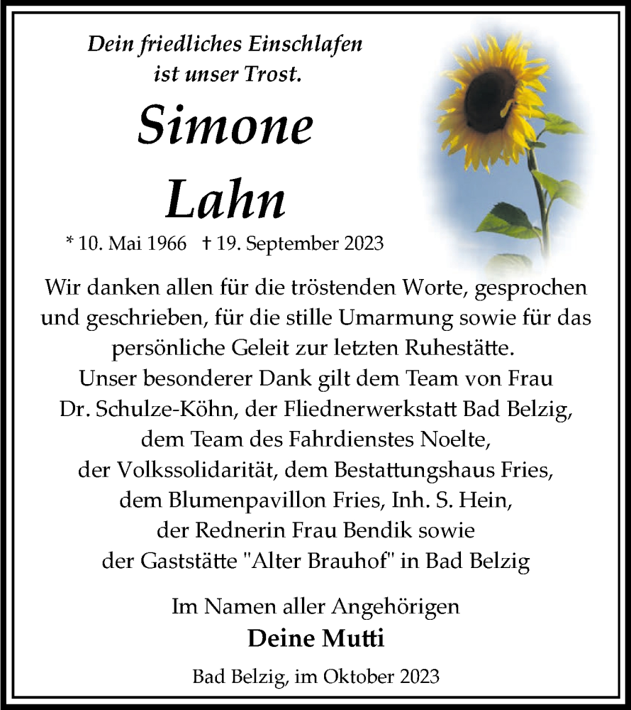  Traueranzeige für Simone Lahn vom 21.10.2023 aus Märkische Oderzeitung