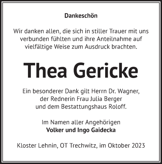 Traueranzeige von Thea Gericke von Märkische Oderzeitung