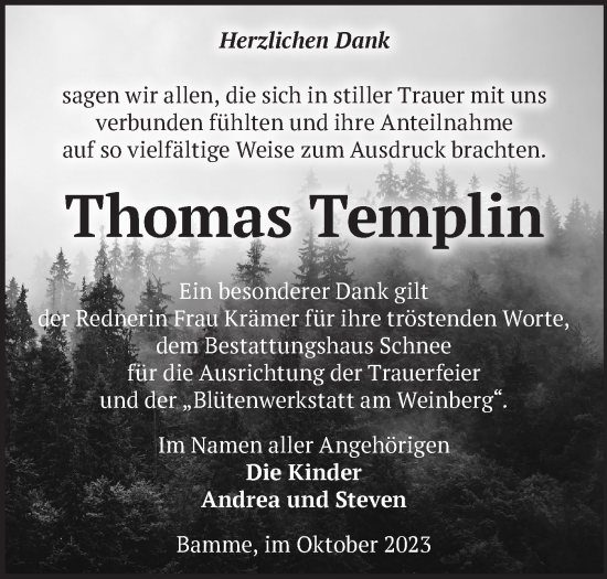 Traueranzeige von Thomas Templin von Märkische Oderzeitung