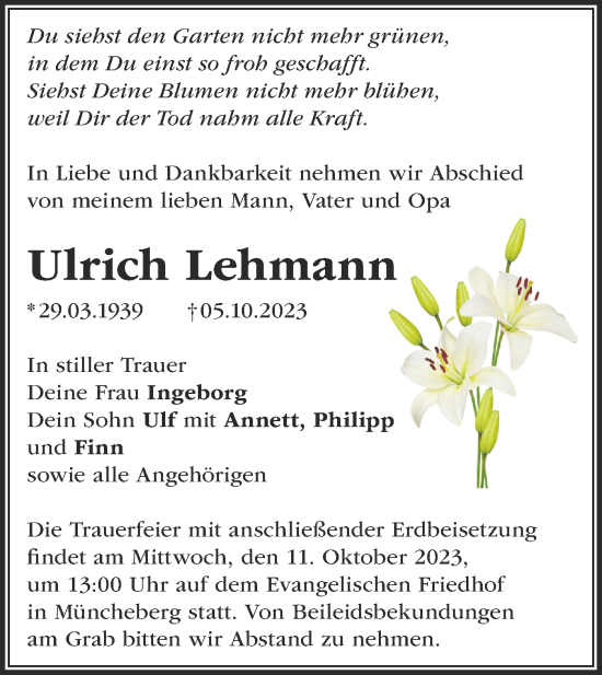 Traueranzeige von Ulrich Lehmann von Märkische Oderzeitung