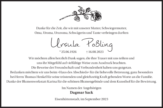 Traueranzeige von Ursula Poßling von Märkische Oderzeitung