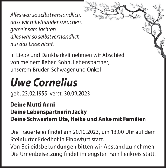 Traueranzeige von Uwe Cornelius von Märkische Oderzeitung