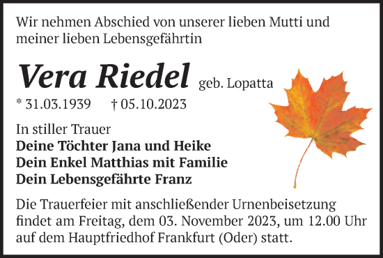 Traueranzeige von Vera Riedel von Märkische Oderzeitung