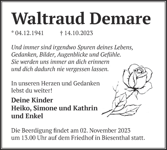 Traueranzeige von Waltraud Demare von Märkische Oderzeitung