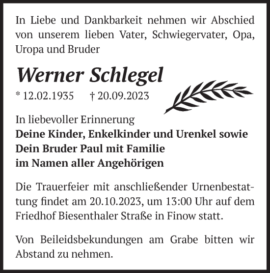 Traueranzeige von Werner Schlegel von Märkische Oderzeitung