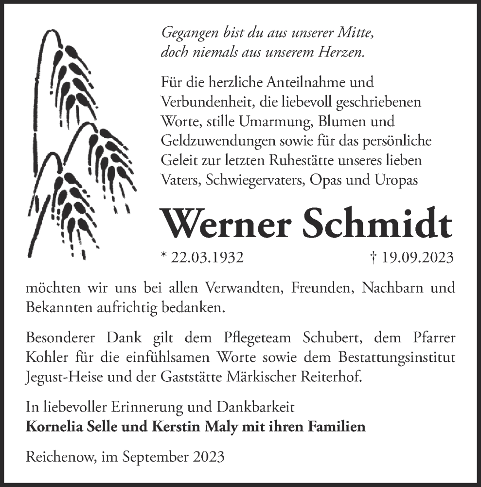  Traueranzeige für Werner Schmidt vom 28.10.2023 aus Märkische Oderzeitung