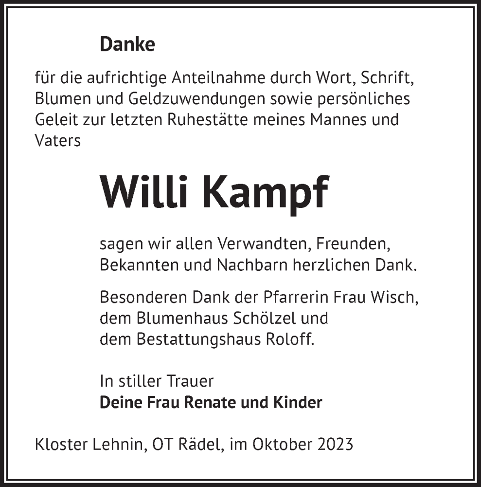 Traueranzeige für Willi Kampf vom 21.10.2023 aus Märkische Oderzeitung