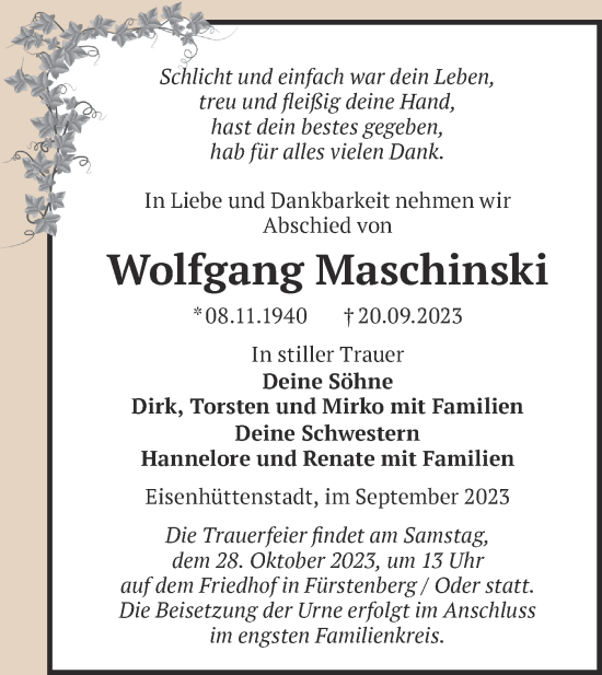 Traueranzeige von Wolfgang Maschinski von Märkische Oderzeitung