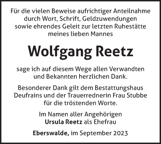 Traueranzeige von Wolfgang Reetz von Märkische Oderzeitung