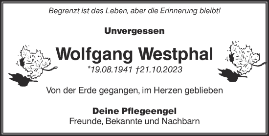 Traueranzeige von Wolfgang Westphal von Märkische Oderzeitung