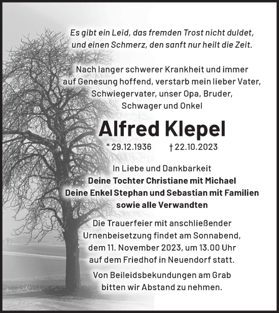 Traueranzeige von Alfred Klepel von Märkische Oderzeitung