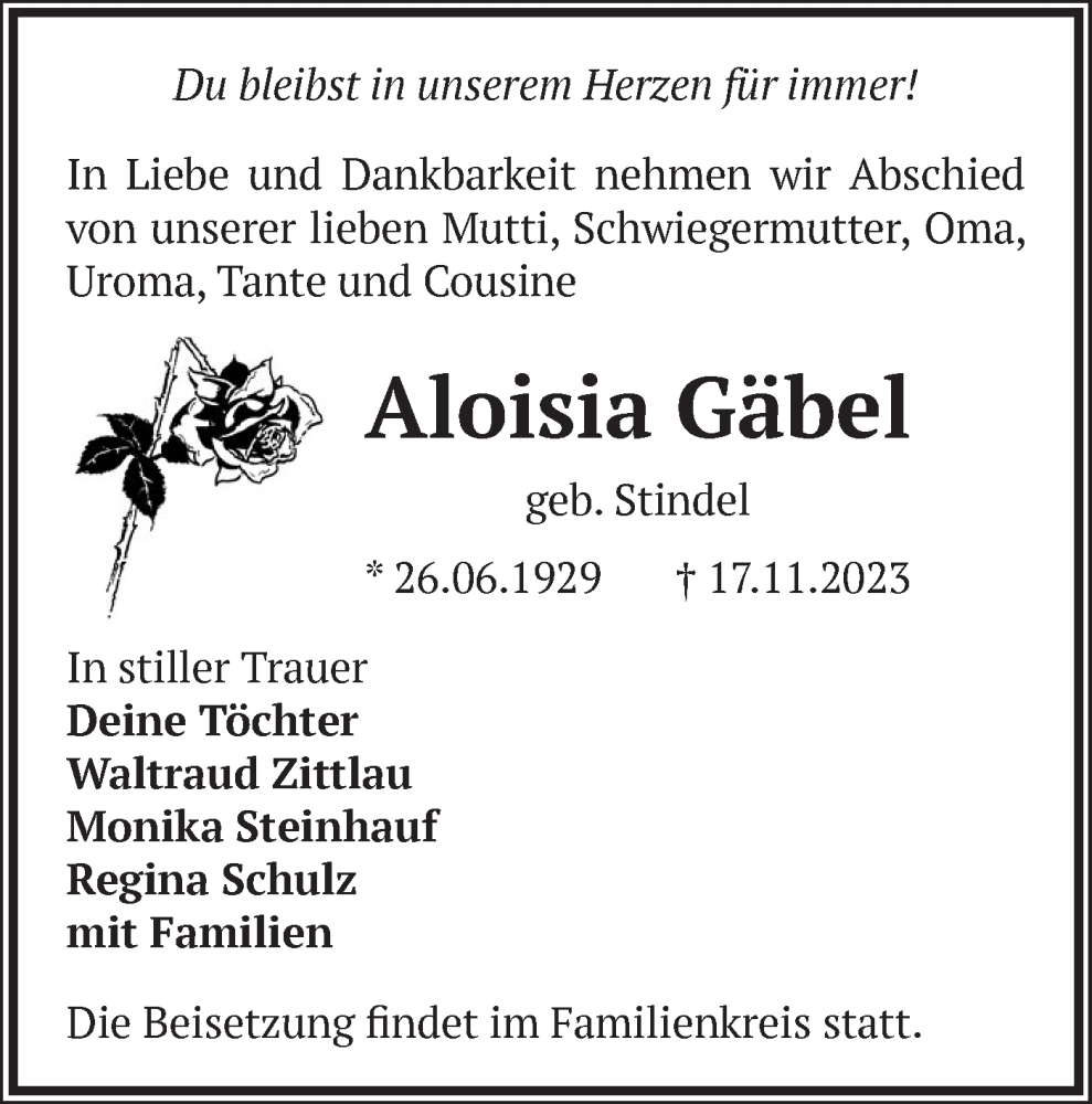  Traueranzeige für Aloisia Gäbel vom 25.11.2023 aus Märkische Oderzeitung
