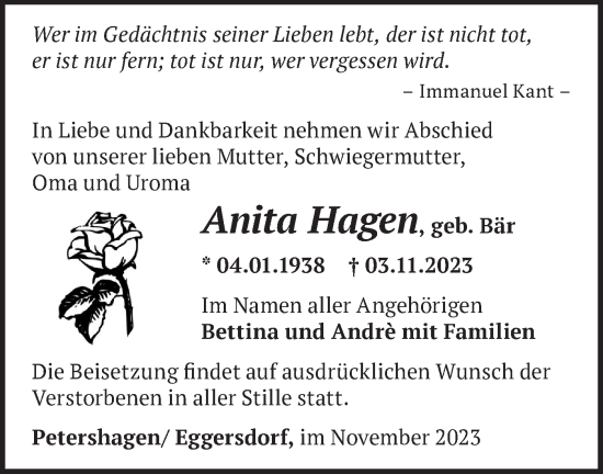 Traueranzeige von Anita Hagen von Märkische Oderzeitung