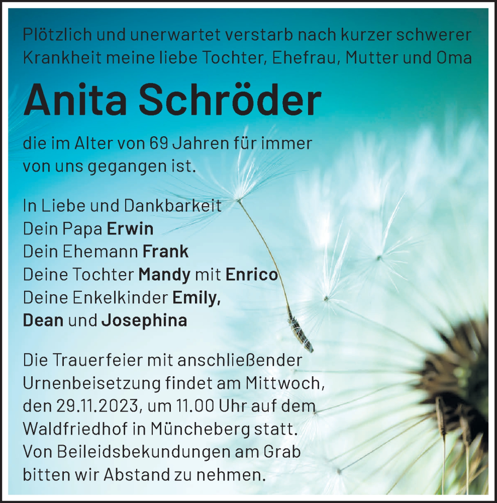  Traueranzeige für Anita Schröder vom 25.11.2023 aus Märkische Oderzeitung