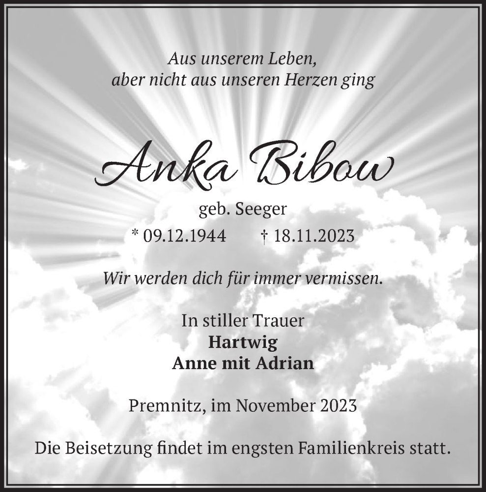  Traueranzeige für Anka Bibow vom 25.11.2023 aus Märkische Oderzeitung