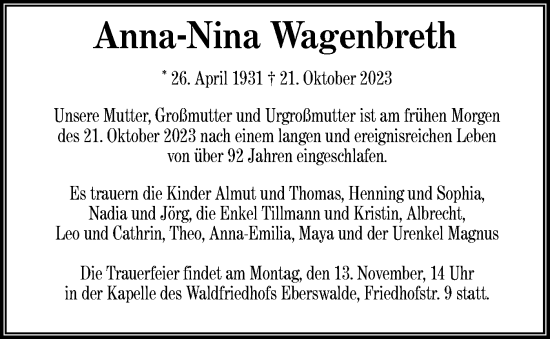 Traueranzeige von Anna-Nina Wagenbreth von Märkische Oderzeitung