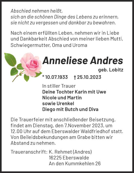 Traueranzeige von Anneliese Andres von Märkische Oderzeitung