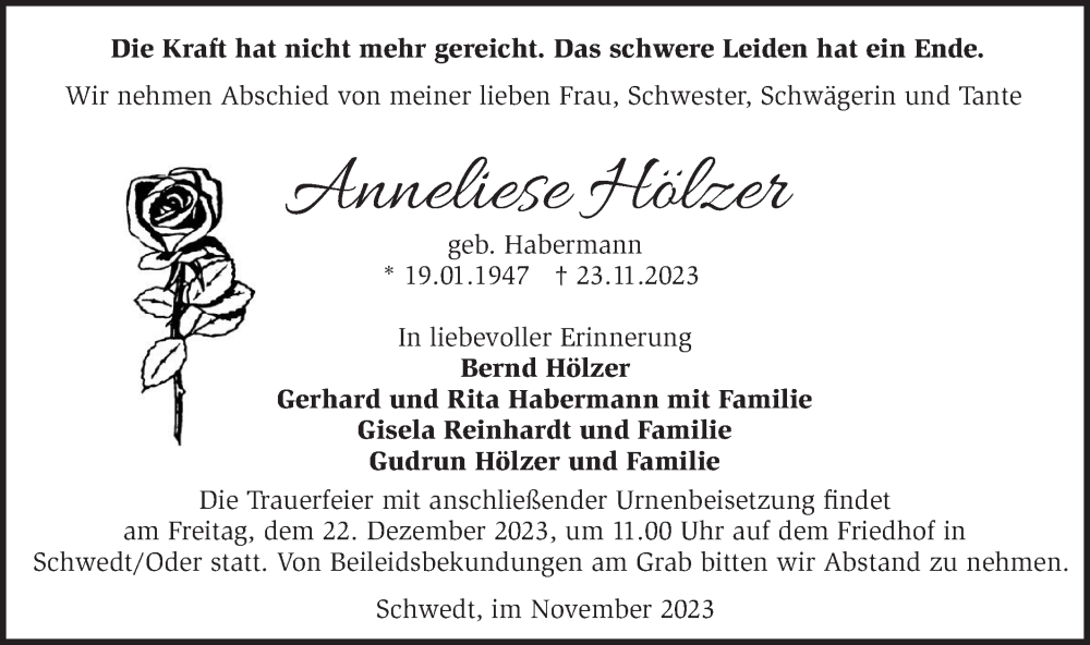  Traueranzeige für Anneliese Hölzer vom 29.11.2023 aus Märkische Oderzeitung