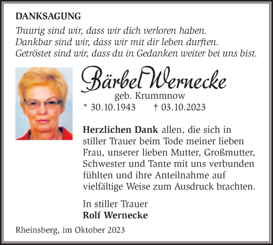 Traueranzeige von Bärbel Wernecke von Märkische Oderzeitung