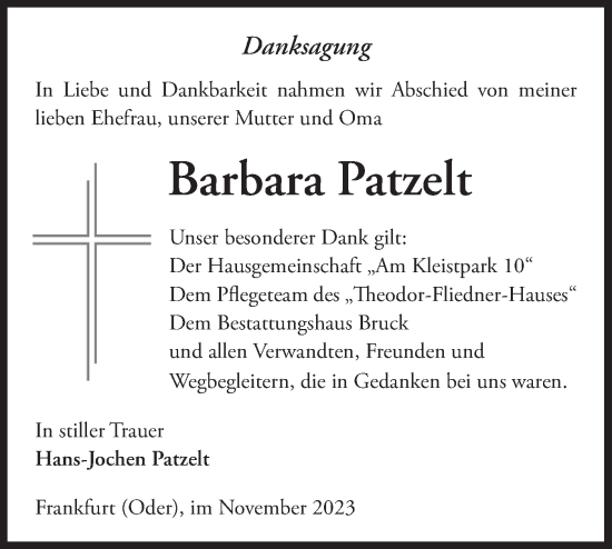 Traueranzeige von Barbara Patzelt von Märkische Oderzeitung