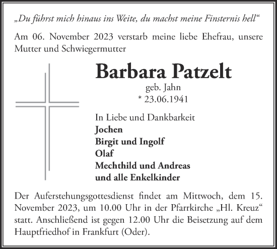 Traueranzeige von Barbara Patzelt von Märkische Oderzeitung