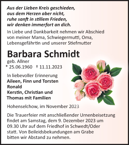 Traueranzeige von Barbara Schmidt von Märkische Oderzeitung