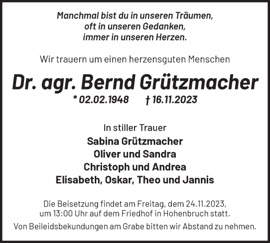 Traueranzeige von Bernd Grützmacher von Märkische Oderzeitung