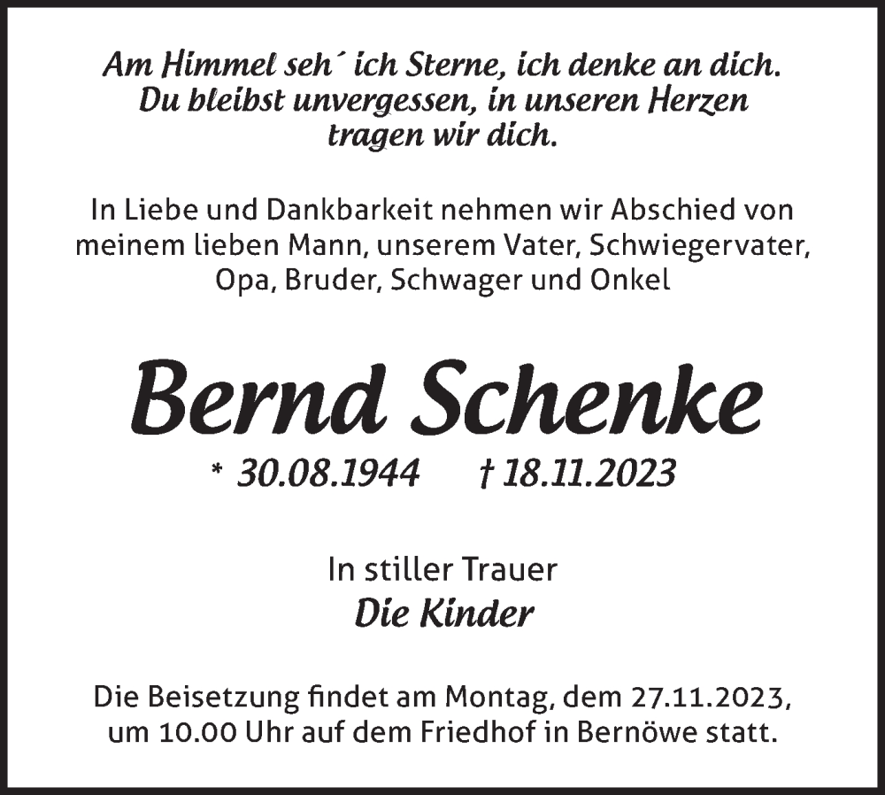  Traueranzeige für Bernd Schenke vom 25.11.2023 aus Märkische Oderzeitung