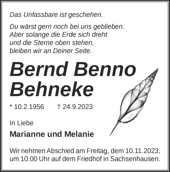 Traueranzeige von Bernd Benno Behneke von Märkische Oderzeitung