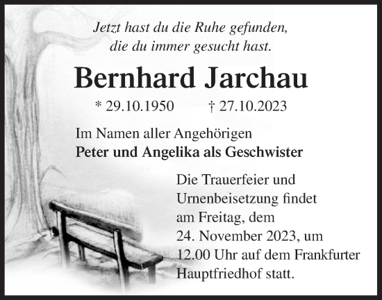 Traueranzeige von Bernhard Jarchau von Märkische Oderzeitung