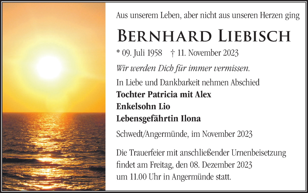  Traueranzeige für Bernhard Liebisch vom 25.11.2023 aus Märkische Oderzeitung