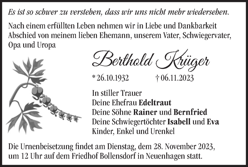  Traueranzeige für Berthold Krüger vom 25.11.2023 aus Märkische Oderzeitung