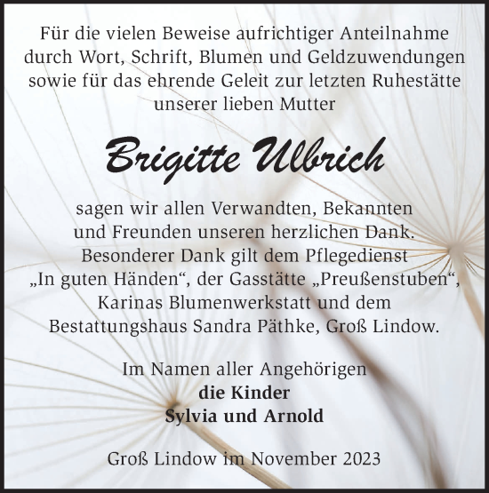 Traueranzeige von Brigitte Ulbrich von Märkische Oderzeitung