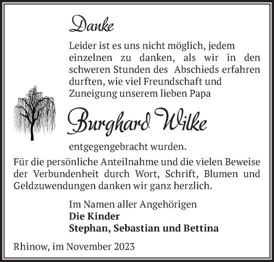 Traueranzeige von Burghard Wilke von Märkische Oderzeitung