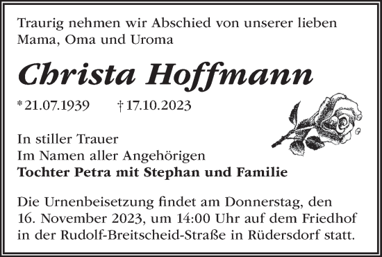 Traueranzeige von Christa Hoffmann von Märkische Oderzeitung