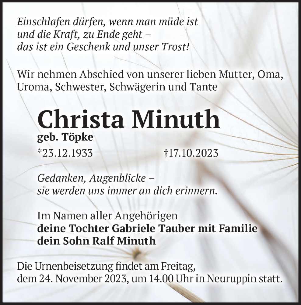 Traueranzeigen Von Christa Minuth Märkische Onlinezeitung Trauerportal 