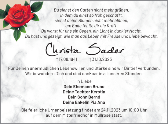 Traueranzeige von Christa Sader von Märkische Oderzeitung