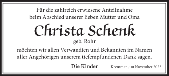 Traueranzeige von Christa Schenk von Märkische Oderzeitung