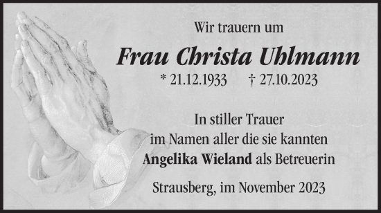 Traueranzeige von Christa Uhlmann von Märkische Oderzeitung