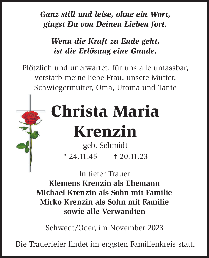  Traueranzeige für Christa Maria Krenzin vom 25.11.2023 aus Märkische Oderzeitung