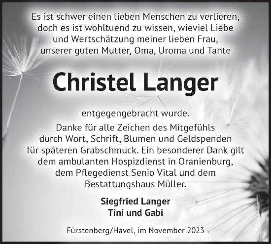 Traueranzeige von Christel Langer von Märkische Oderzeitung