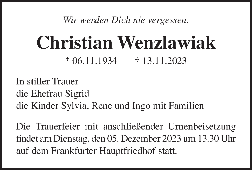  Traueranzeige für Christian Wenzlawiak vom 25.11.2023 aus Märkische Oderzeitung