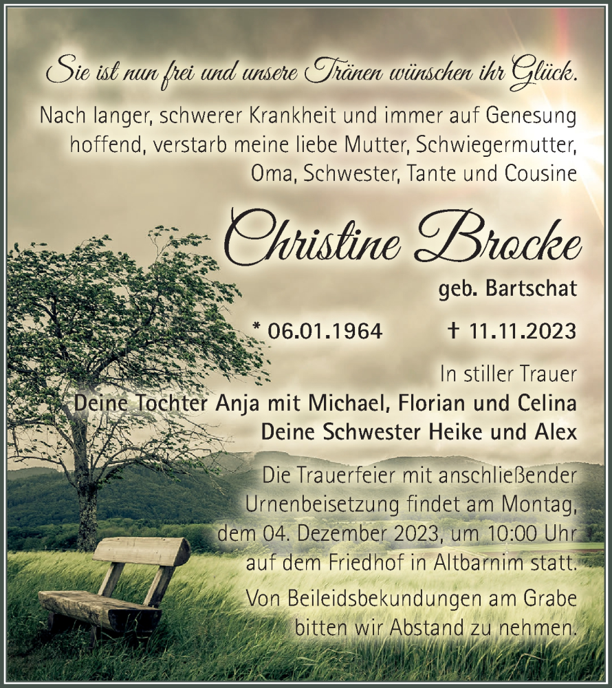  Traueranzeige für Christine Bracke vom 25.11.2023 aus Märkische Oderzeitung