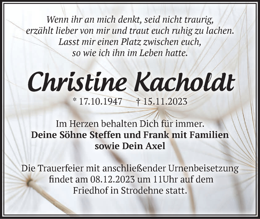  Traueranzeige für Christine Kacholdt vom 25.11.2023 aus Märkische Oderzeitung