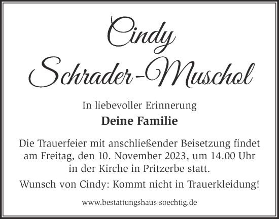 Traueranzeige von Cindy Schrader-Muschol von Märkische Oderzeitung