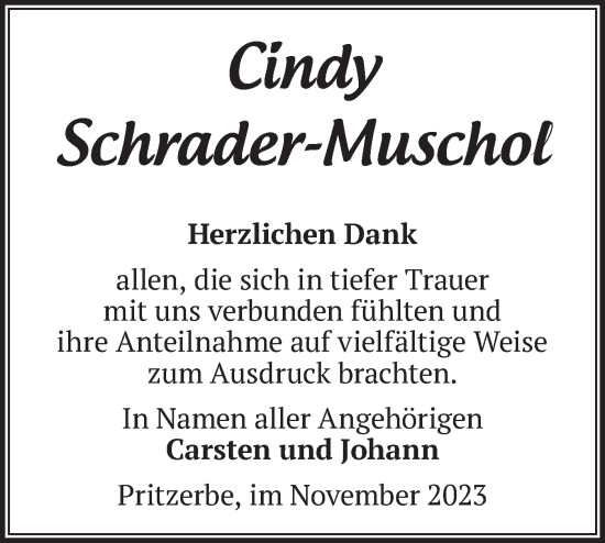 Traueranzeige von Cindy Schrader-Muschol von Märkische Oderzeitung