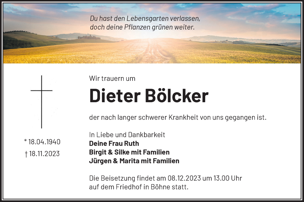  Traueranzeige für Dieter Bölcker vom 25.11.2023 aus Märkische Oderzeitung